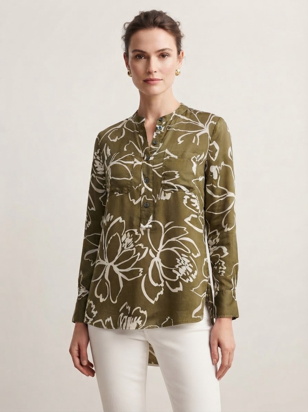 Ann Taylor Cotton Silk Green Floral Button-Down Blouse Extra Small